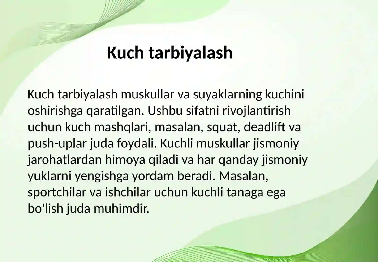 Jismoniy sifatlarni (kuch, tezkorlik, chaqqonlik, egiluvchanlik, chidamlilik) tarbiyalash. 4