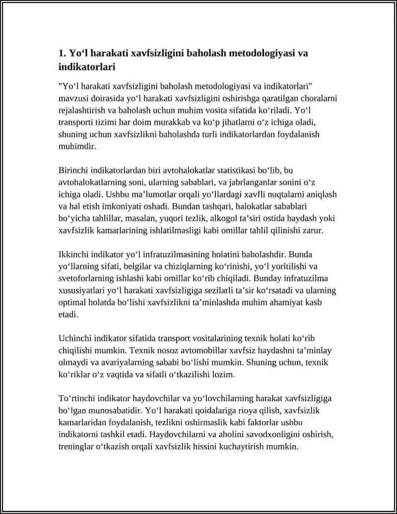 YO'L HARAKATI XAVFSIZLIGINI OSHIRISHGA QARATILGAN CHORA-TADBIRLARNI REJALASHTIRISH VA BAHOLASH 4