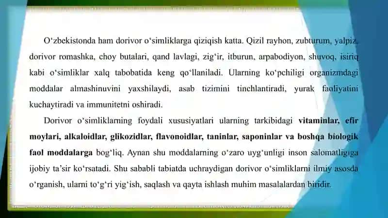 Dorivor oʻsimliklarning shifobaxshligini vitaminlar va biologik faol moddalarga bogʻliqligi 4