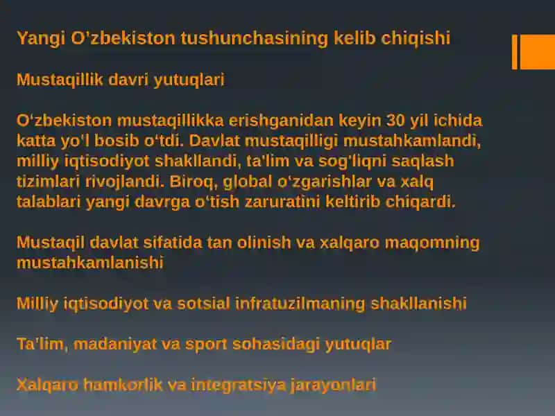 ”Yangi O’zbekiston” tushunchasi va uning mazmun mohiyati. Yangi O’zbekiston Taraqqiyot strategiyasining asosiy mazmuni. O’zbekiston-xalqchil, ijtimoiy davlat g’oyasining mohiyati 4