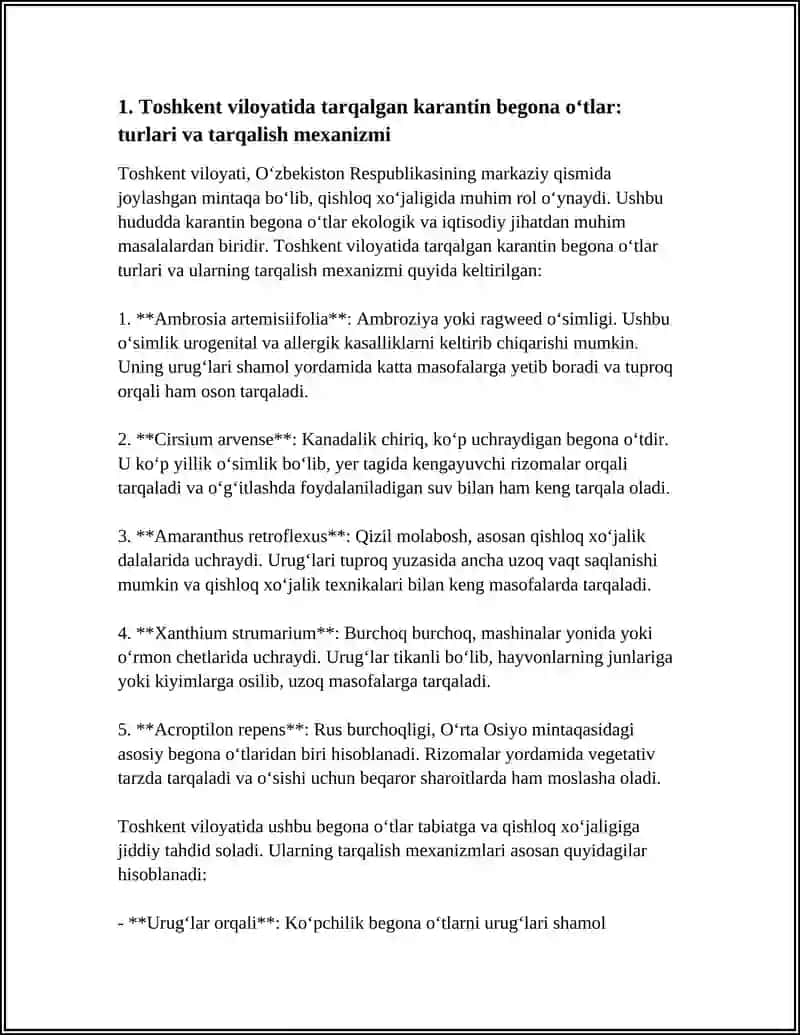 OʻZBEKISTON RESPUBLIKASINING AYRIM HUDUDLARIDA TARQALGAN KARANTIN BEGONA OʻTLAR MAVZUSIDA REFERAT TAYYORLANG 4
