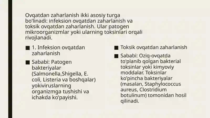 Ovqatdan zaxarlanish kasalliklari proteya, sal’monella, ichak tayoqchasi va listeriya 4