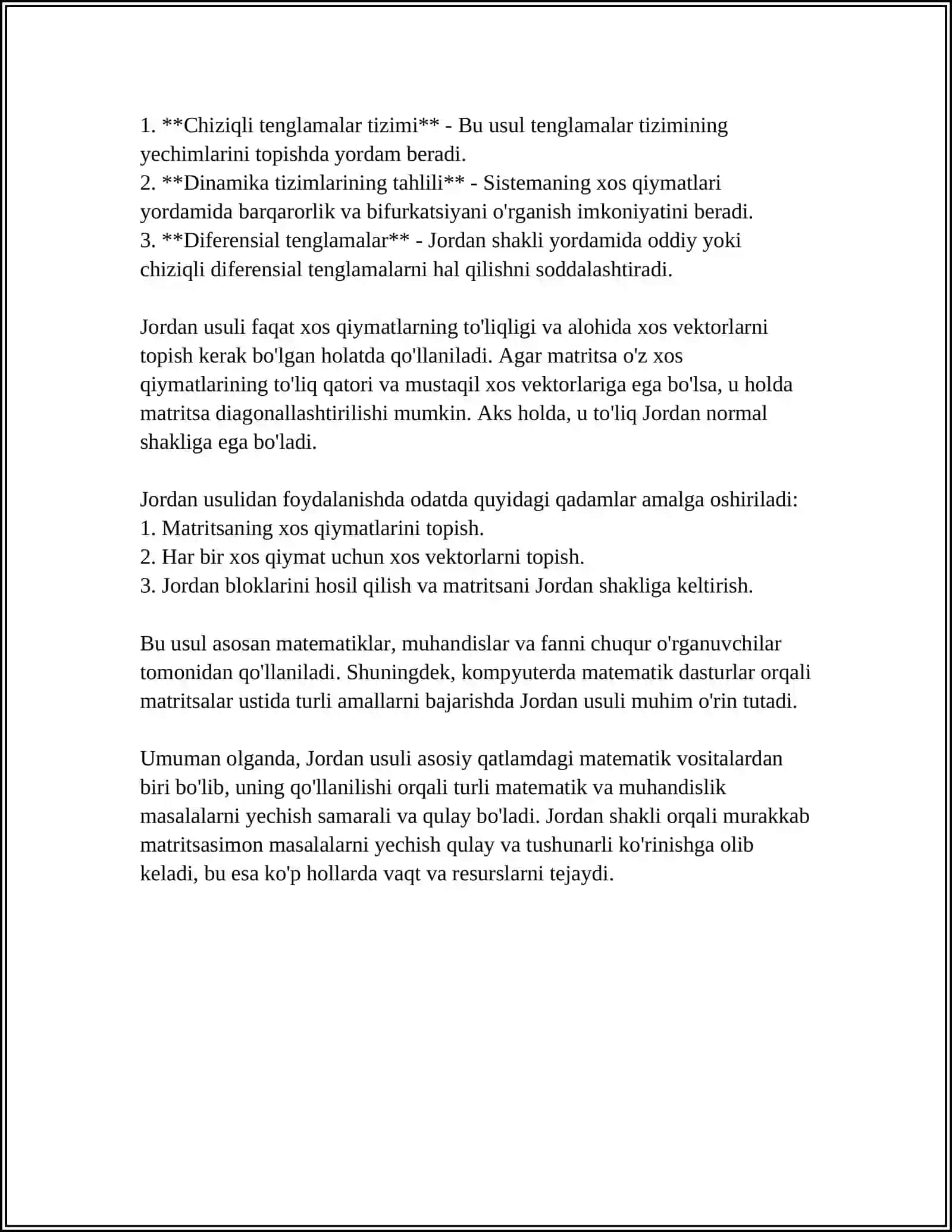 CHIZIQLI TENGLAMALAR SISTEMASINI YECHISHNING JORDAN USULI 4