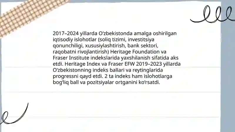 Yangi Oʻzbekiston ijtimoiy siyosiy, iqtisodiy va madaniy hayotida roʻy berayotgan oʻzgarishlarning xalqaro reyting va indekslarda aks etishi 4