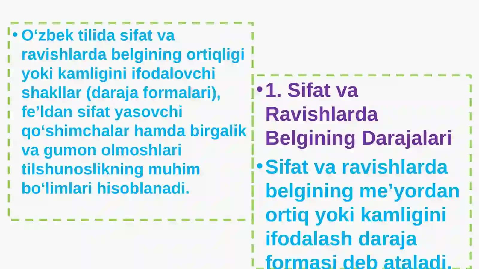 Sifat va ravishlarda belgining ortiqligi yoki kamligini ifodalovchi shakllar. Daraja formasi. Fe’lda 4