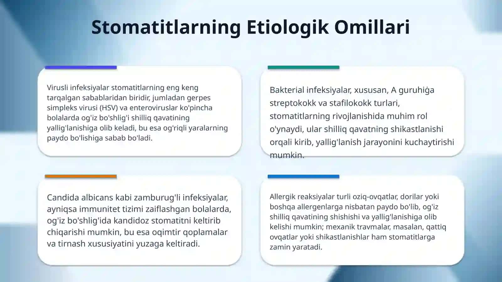 Bolalarda oʻgʻiz boʻshligʻi shilliq qavati kasalliklari stomatitlar va ularning oldini olish choralari. Dispepsiya va enure kasalliklari 4