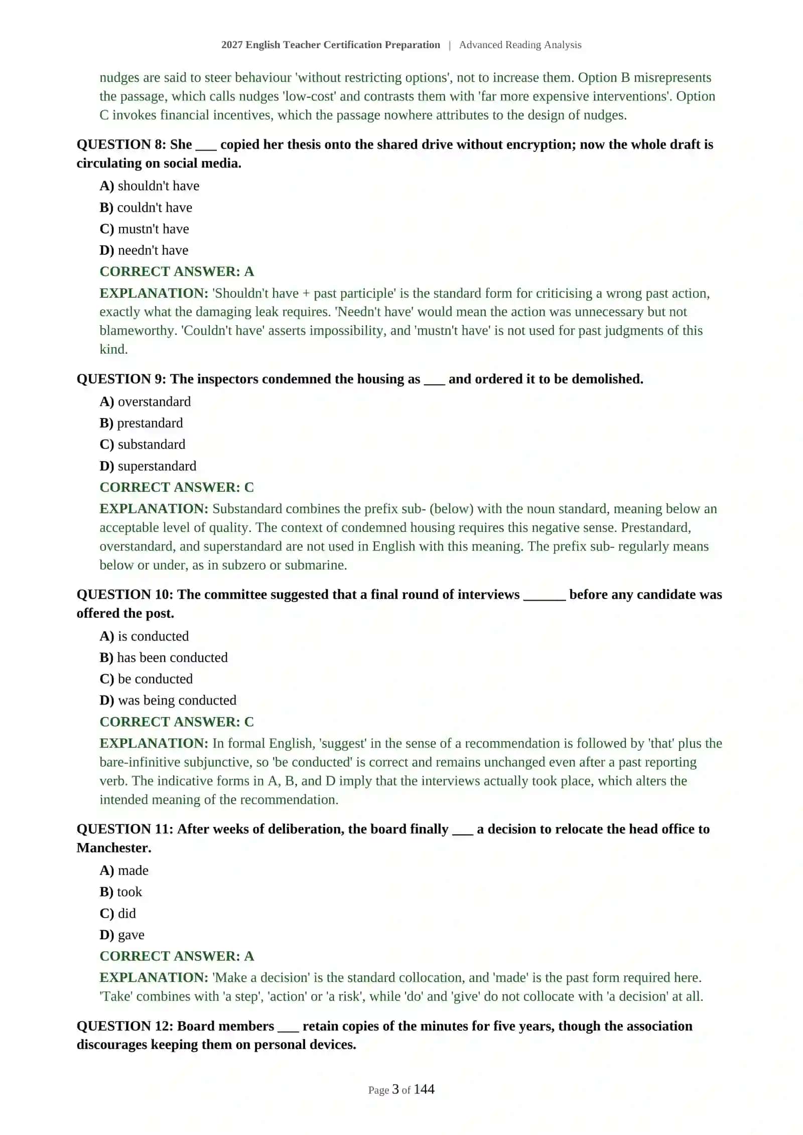 ENGLISH LANGUAGE TEACHER ASSESSMENT - ADVANCED READING ANALYSIS - 2027 CERTIFICATION PREPARATION 4
