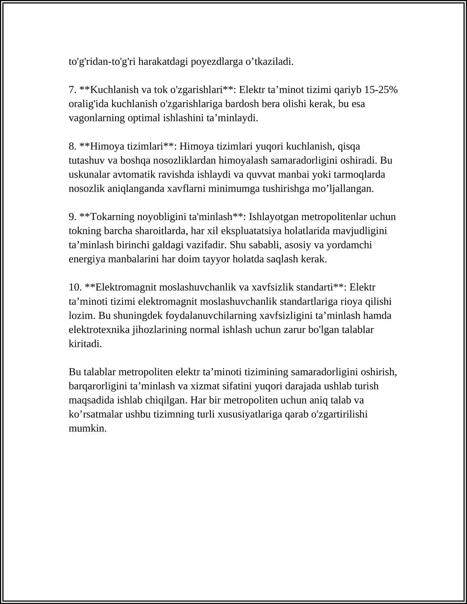 METROPOLITENNI ELEKTR TA’MINOTI UCHUN TALABLAR 4