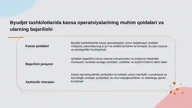Budjet tashkilotlarida kassa ishini tashkil etish tartibi. 4