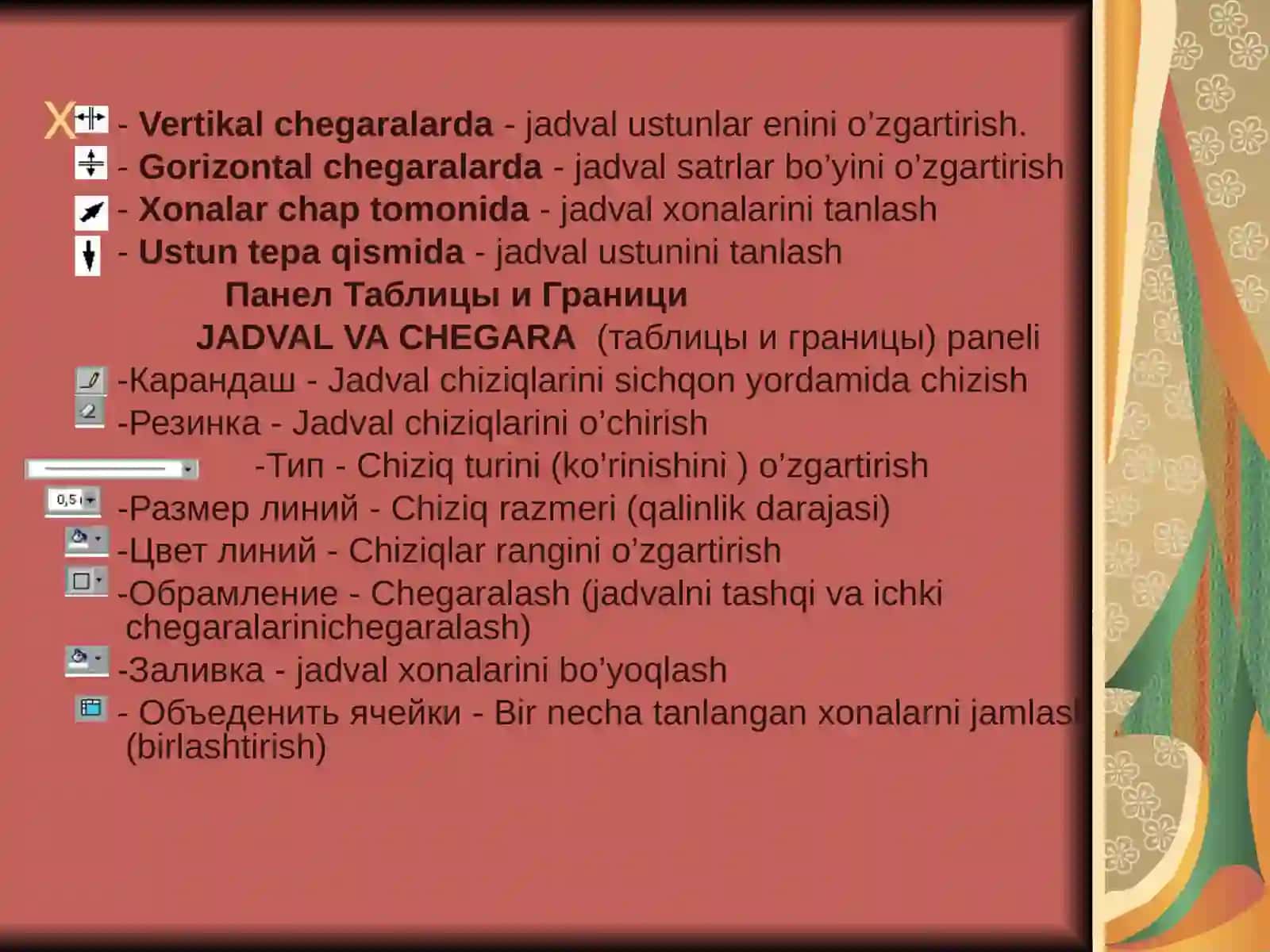 Jadval (tablitsa)lar yaratish va uning ustida amallar bajarish 4