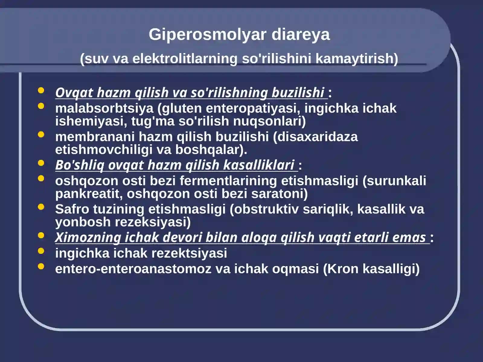 Diareya sindromli kasalliklarni differentsial diagnostikasi va davolash tamoyillari 4