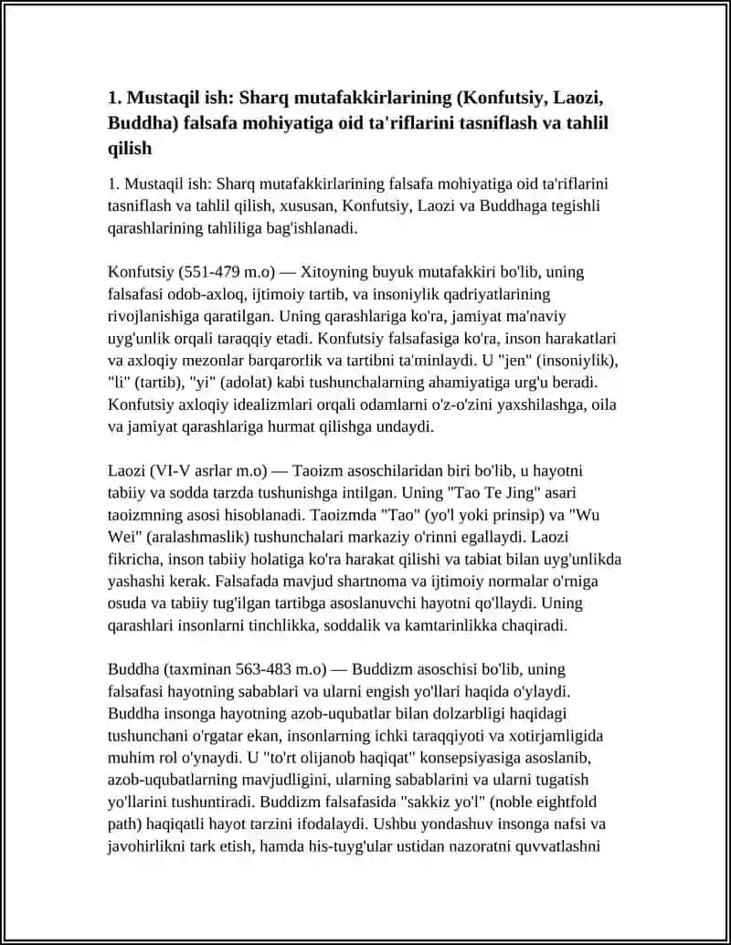 FALSAFANING MOHIYATIGA OID SHARQ VA G'ARB MUTAFAKKIRLARI TARIFLARINI TASNIFLASH VA ULAR BO'YICHA MUSTAQIL ISH 4