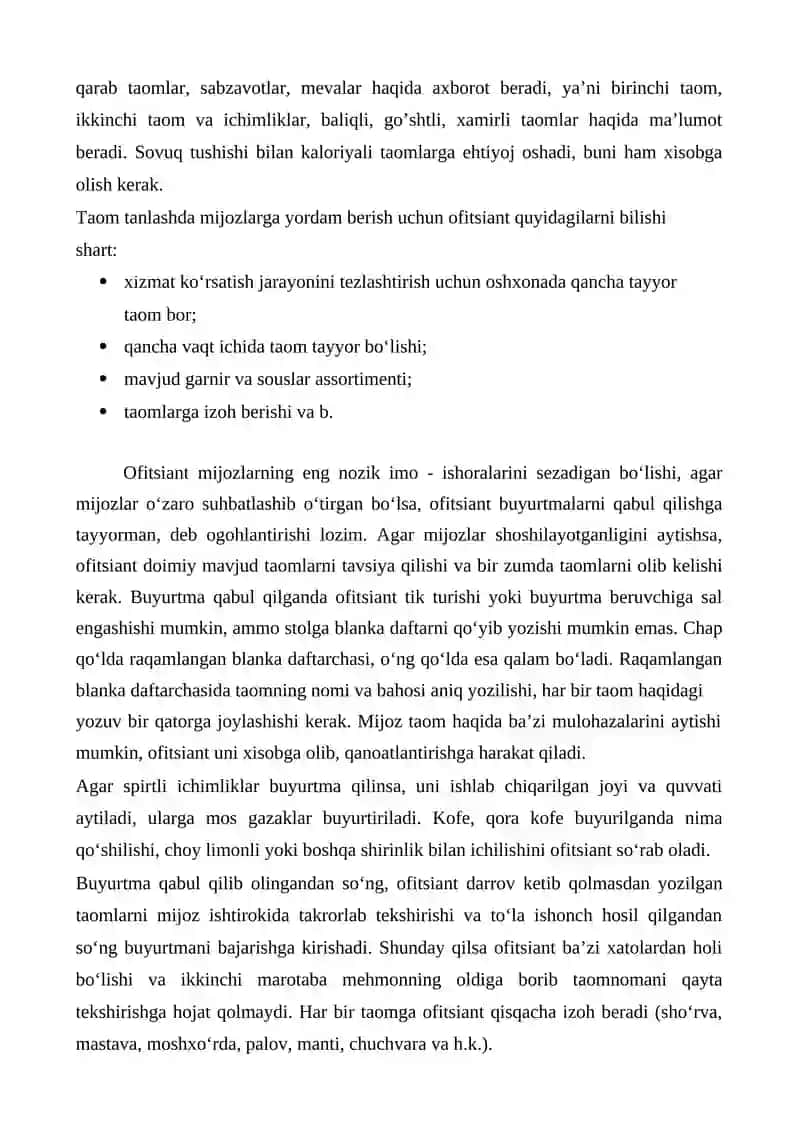 RESTORANDA MIJOZLARGA XIZMAT KO‘RSATISHNI TASHKIL ETISH 4