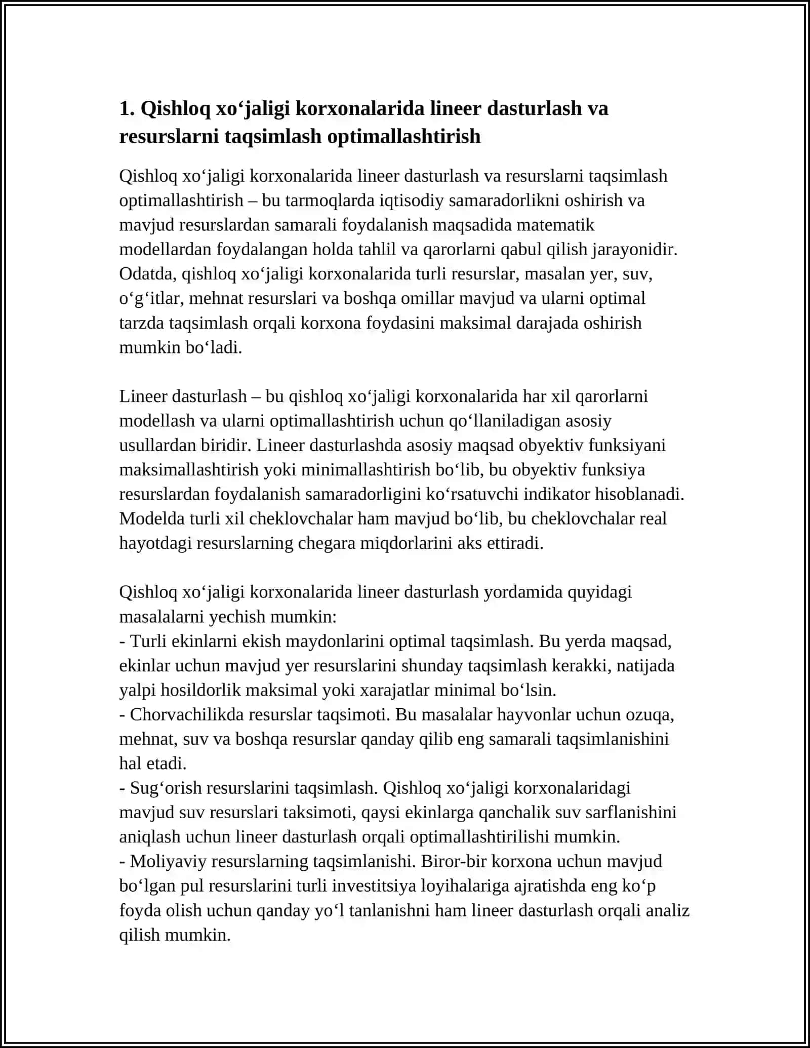 QISHLOQ XO‘JALIGI KORXONALARIDA XO‘JALIK FAOLIYATINING TAHLILIDA QO‘LLANILADIGAN IQTISODIY-MATEMATIK VA MAXSUS USULLAR 4