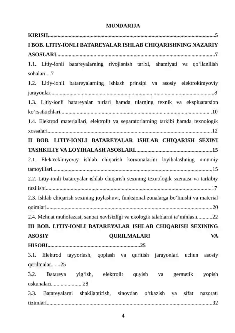 Litiy ionli batareykalar ishlab chiqarish sexini loyihalash va asosiy qurilma hisobi 4