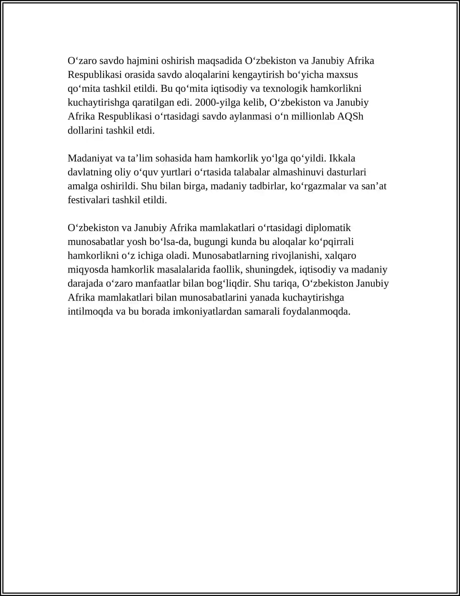 Òzbekiston va Jahon Jamiyati (Janubiy Afrika Mamlakatlari Xalqaro Diplomatik Aloqalar Misolida) 4