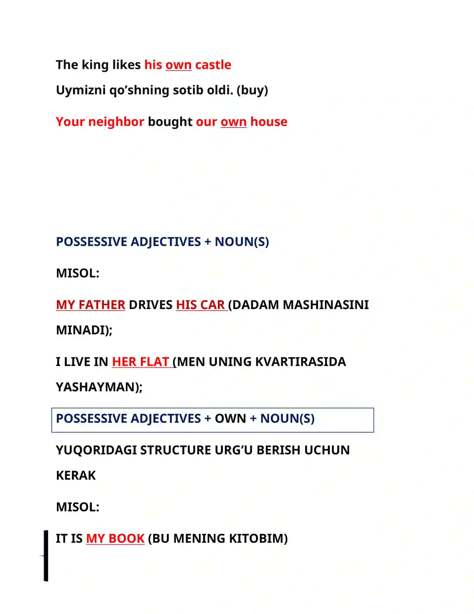 OBJECT PRONOUNS (TO’LDIRUVCHI OLMOSHLAR) POSSESSIVE ADJECTIVES (EGALIK SIFATLARI) 4