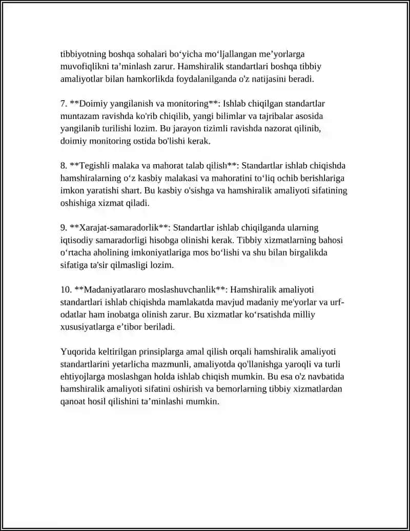 HAMSHIRALIK ISHI AMALIYOTI BOʻYICHA STANDARTLARINI ISHLAB CHIQISH VA UNING SIFATINI BAHOLASH PROCESI 4