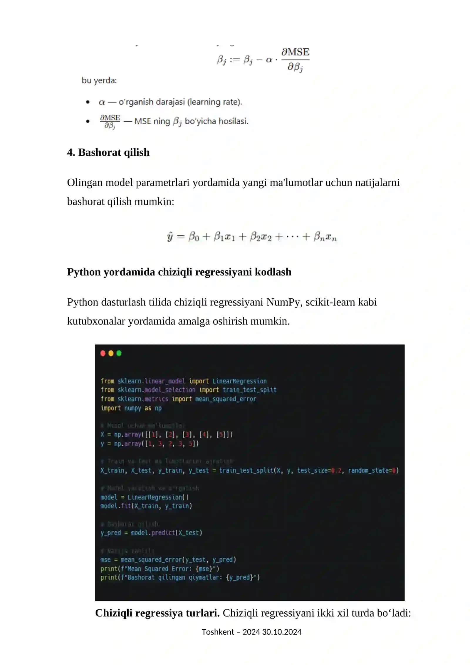 Chiziqli regressiya masalalarini yechish algoritmi va dasturini ishlab chiqish 4