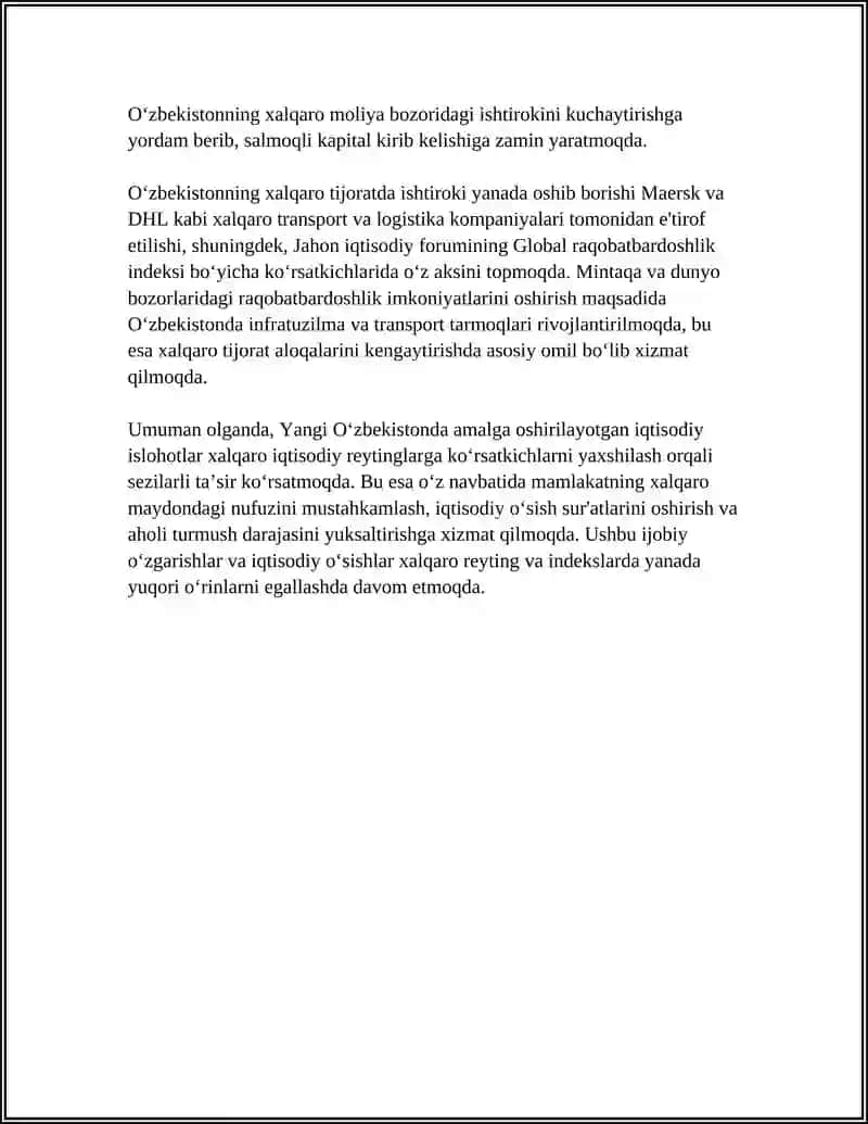 YANGI OʻZBEKISTON IJTIMOIY SIYOSIY IQTISODIY VA MADANIY HAYOTIDA ROʻY BERAYOTGAN OʻZGARISHLARNI XALQARO REYTING VA INDEKSLARDA AKS ETISHI 4