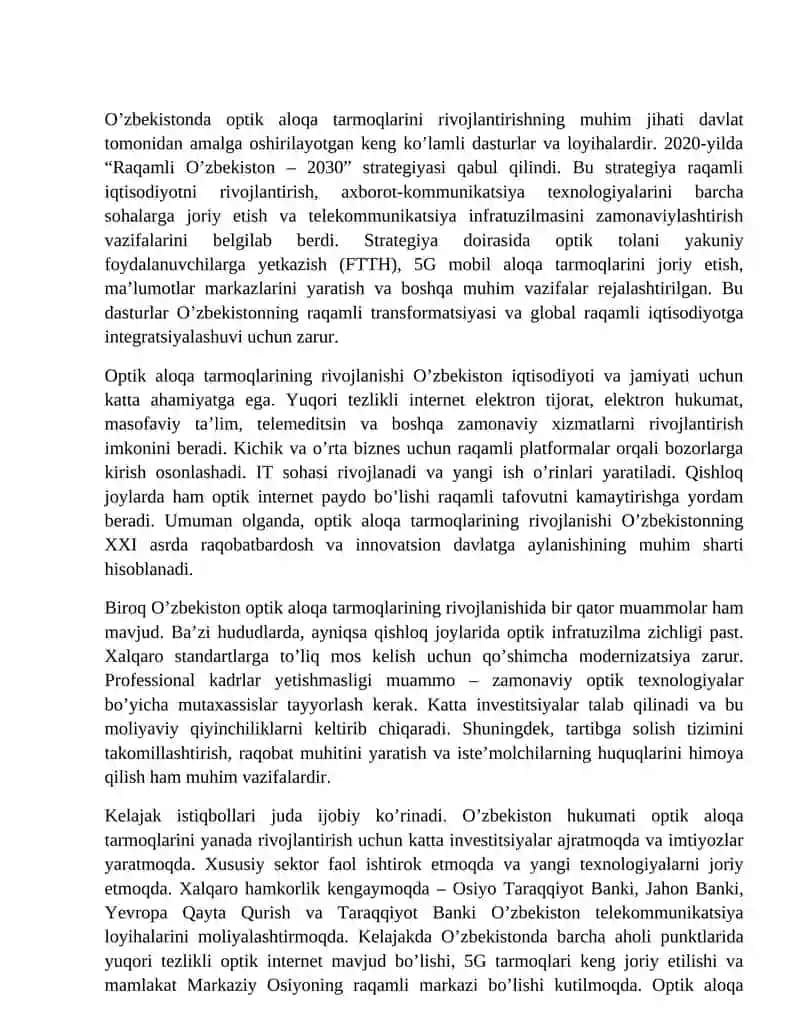 O‘zbekiston Respublikasida optik aloqa tarmoqlarining holati va rivojlanish istiqbollari 4