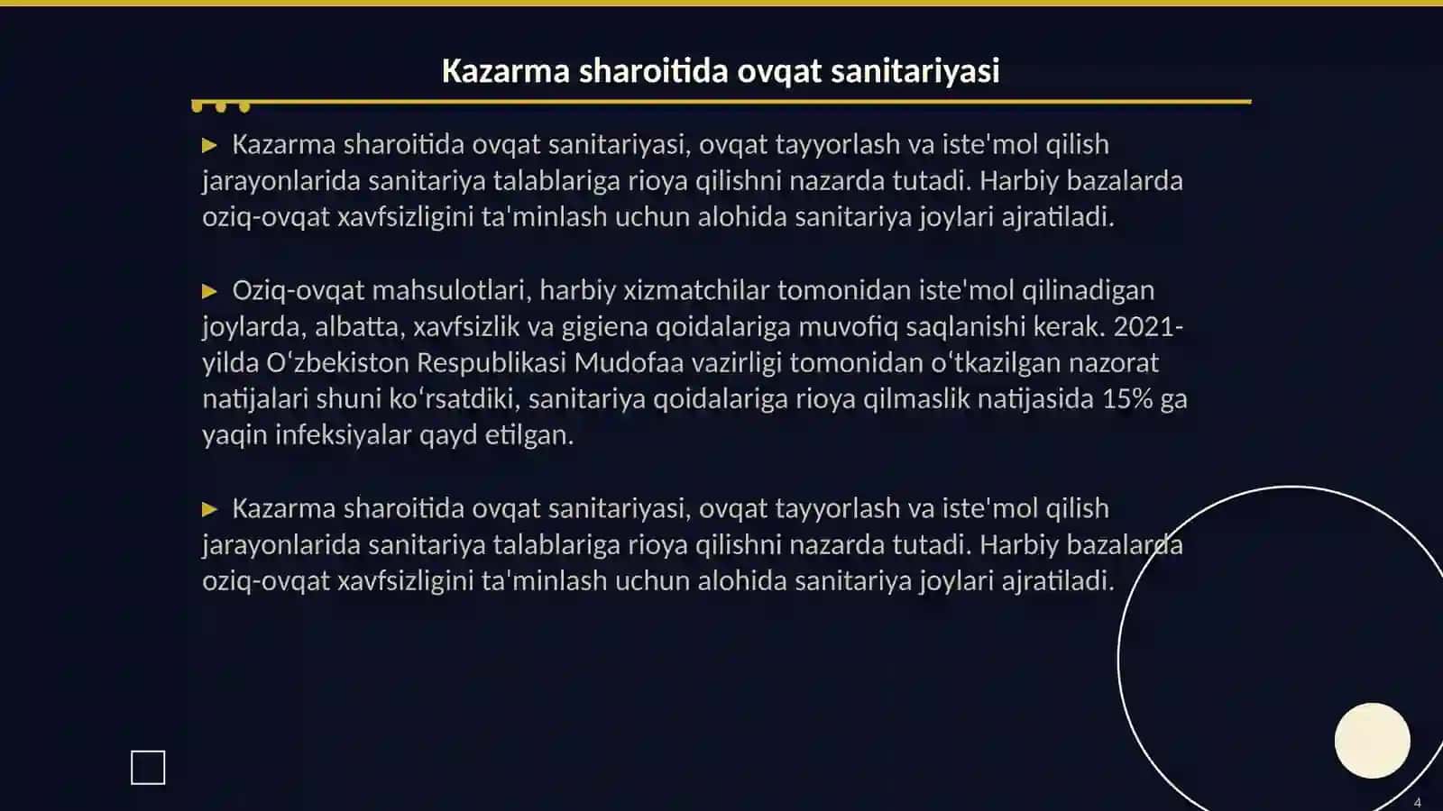 Qoʻshinlarni kazarma va dala sharoitlarida joylashtirilganda ularning ovqatlantirishining sanitariya va nazorati. Gigiyena fanidan 4