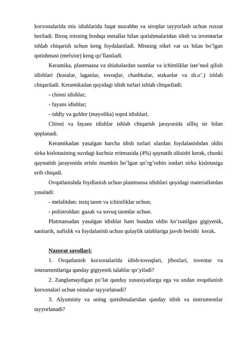 Idish, inventar va texnologik jihozlar materiallariga qo’yiladian talablar 4