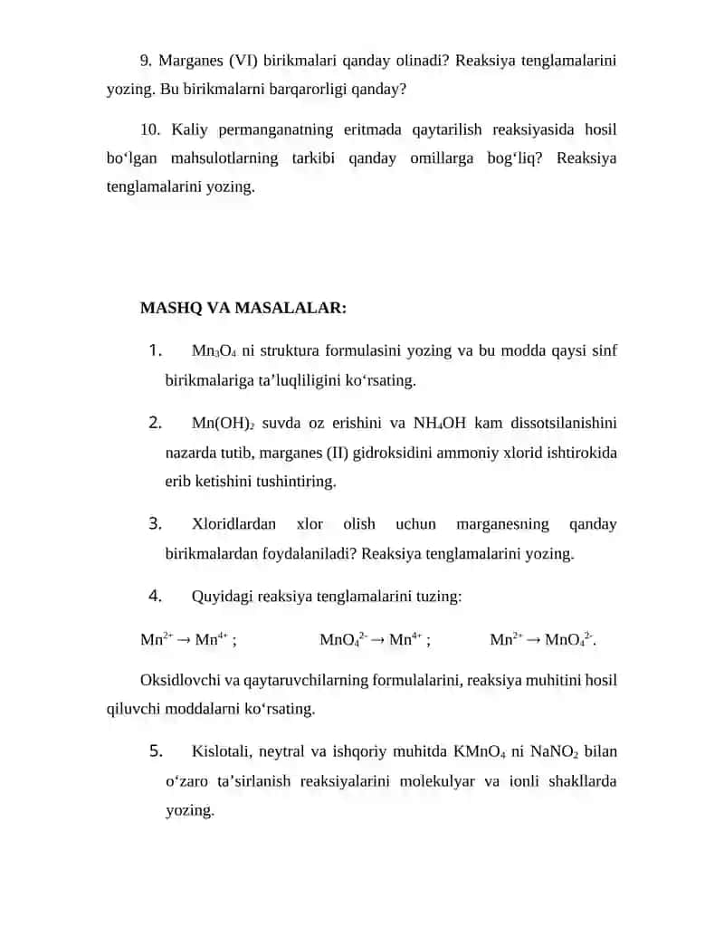 Marganes birikmalari. Olinishi va xossalari 4