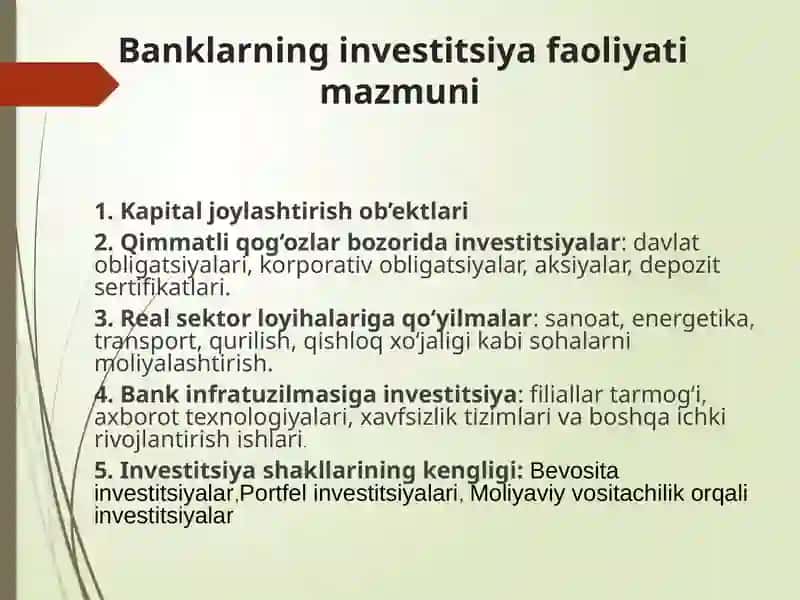 Banklarda investitsiya faoliyati tushunchasi, mazmuni va ahamiyati 4