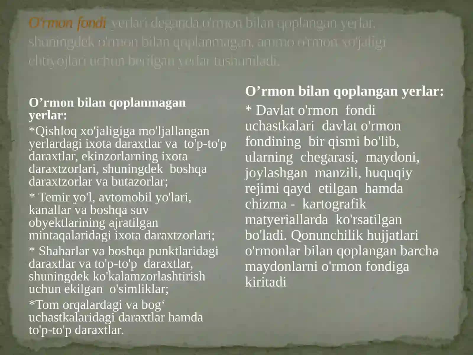 O’rmon fondi, suv fondi va zaxira yerlarning huquqiy holati 4