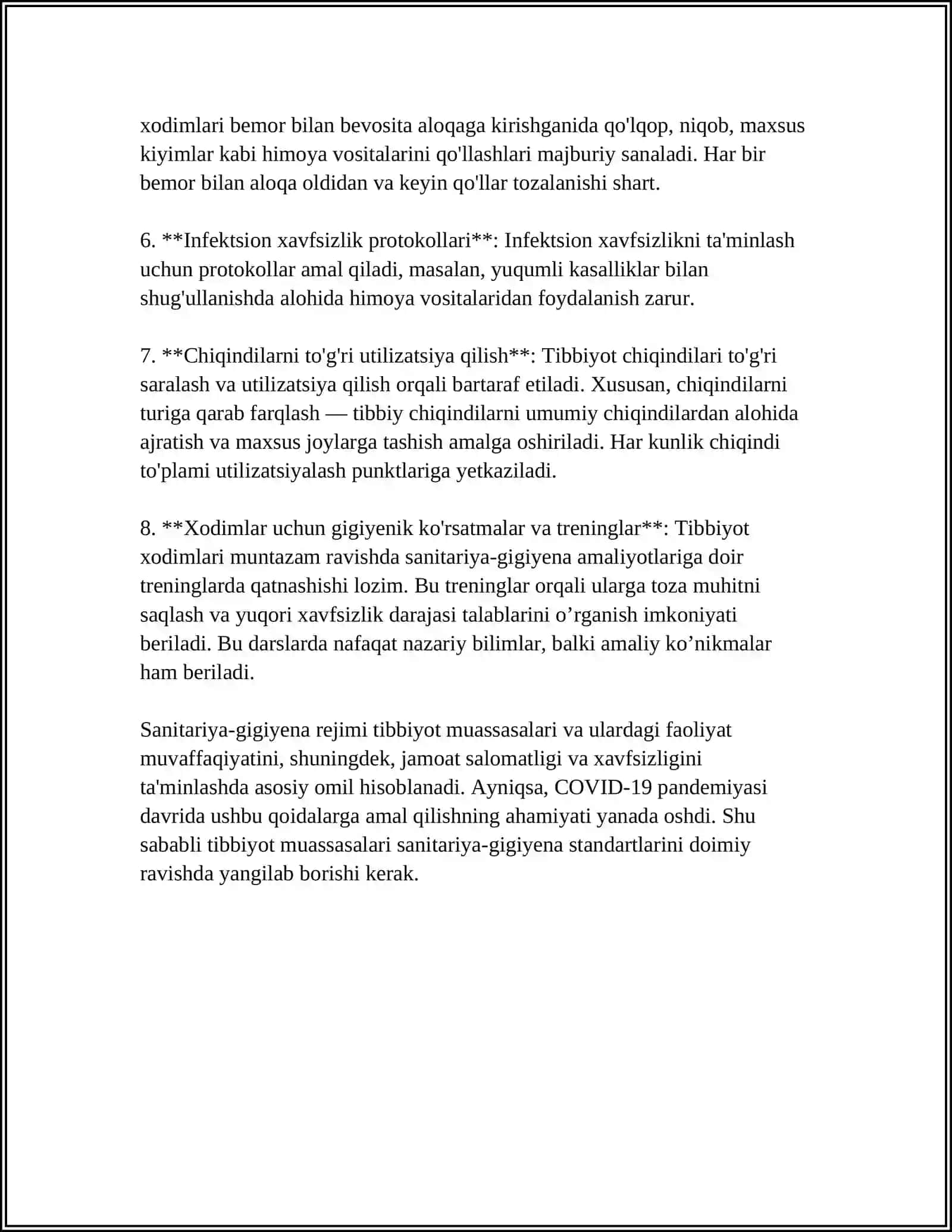 TIBBIY-PROFILAKTIKA MUASSASALARIDA SANITARIYA-GIGIYENA REJIMI. MEHNAT GIGIYENASI, SHAXSIY GIGIYENA QOIDALARI, XODIMLARNI TIBBIY KO'RIKDAN O'TKAZISH VA EMLASH ZARURATI VA CHASTOTASI. DASTLABKI, JORIY VA UMUMIY TOZALASH XUSUSIYATLARI 4