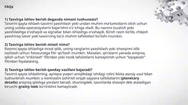 Rasmlar Tahlili (Image Analysis) Tasvirli ma'lumotlarni boshqarish va tahlil qilish. 4