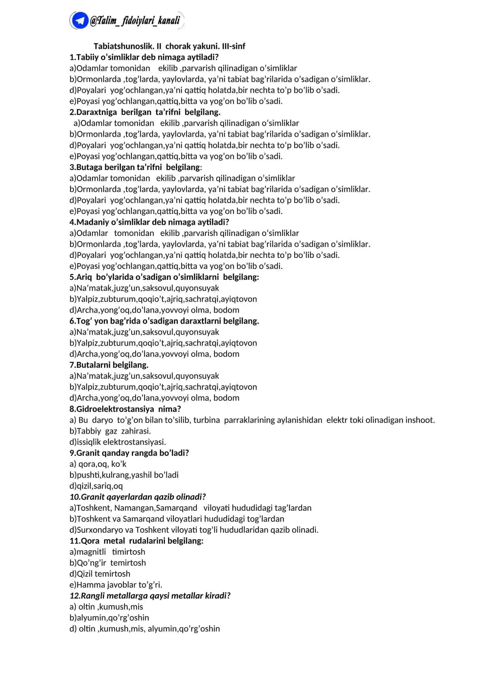 Tabiatshunoslik test sinovi.I-chorak.3-sinf 4
