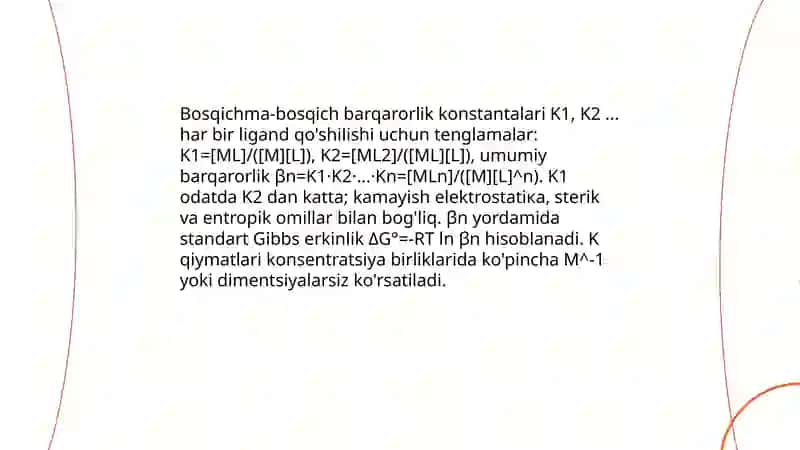 Kompleks birikmalarning eritmadagi muvozanatii. Barqarorlik va beqarorlik konstantalari 4