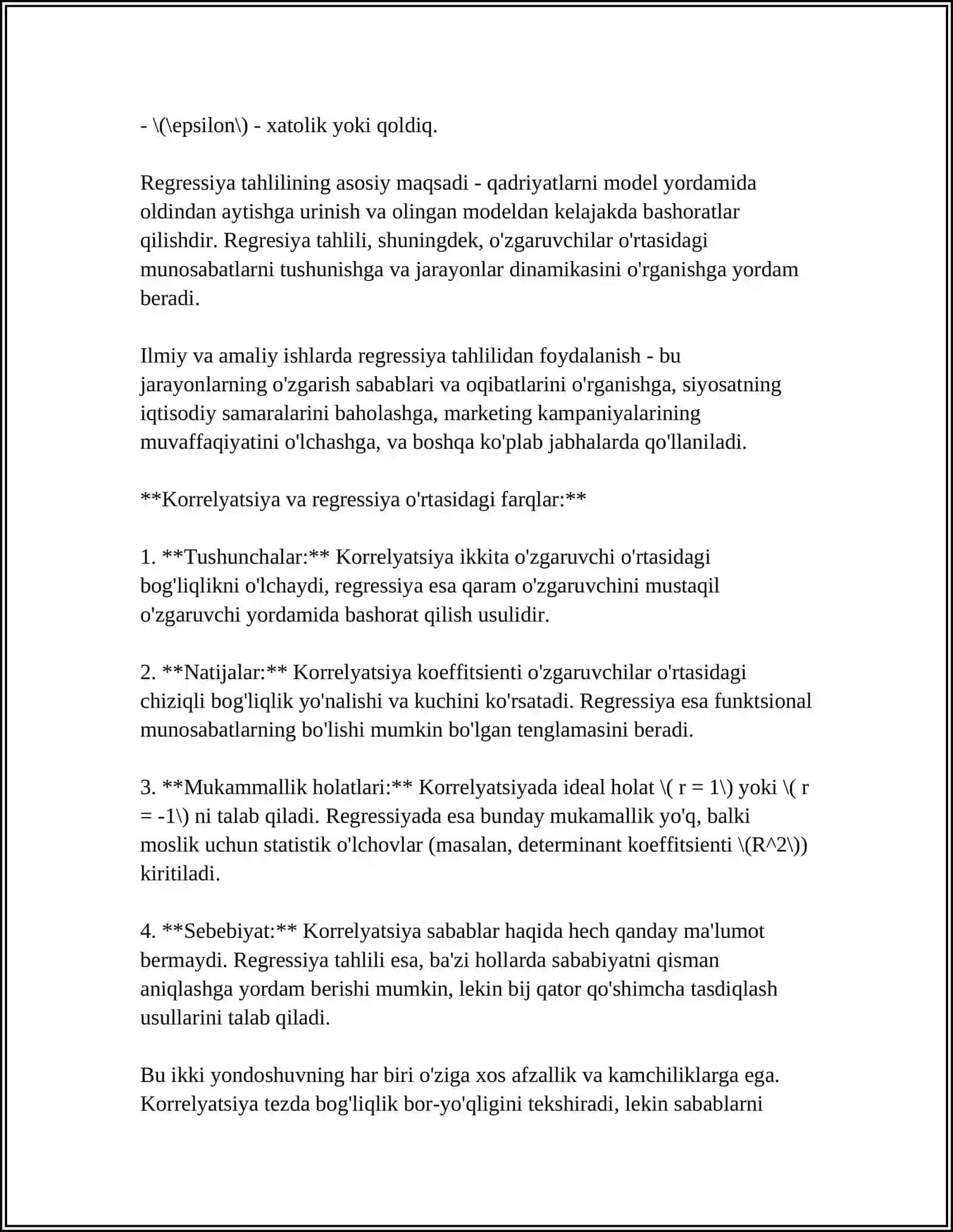 KORRELYATSION-REGRESSION TAHLIL O'ZARO BOG'LANISHLARNI STATISTIK O'RGANISH USULLARI 4