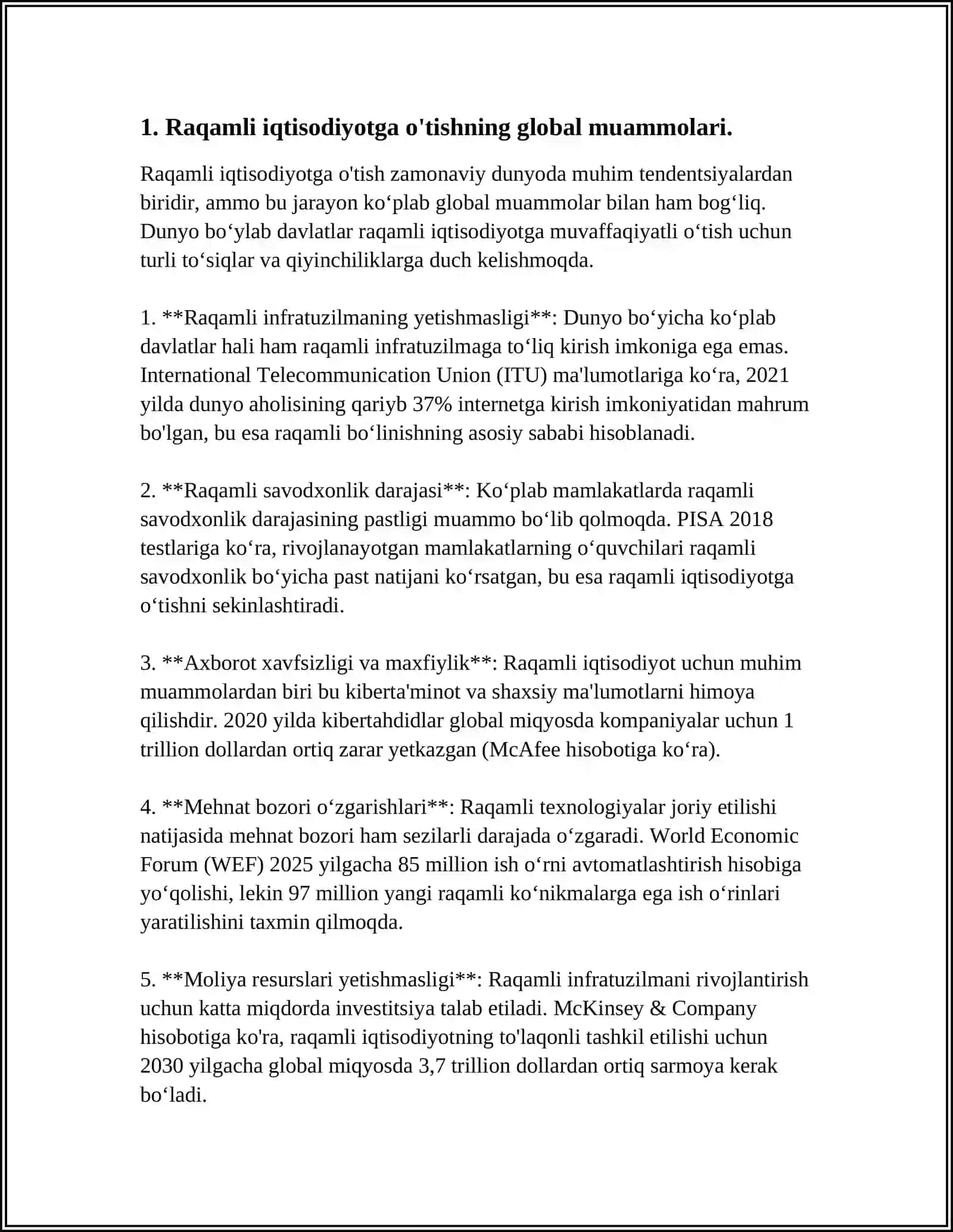 RAQAMLI IQTISODIYOTGA O'TISHDAGI MUAMMOLARI HAMDA ISTIQBOLLARI, TARMOQLAR TAHLILI, STATISTIK TAHLILI, IQTISODIY O'SISHGA TA'SIRI TAHLILLARI, O'ZBEKISTON BILAN TAQQOSLANGAN HOLDA SWOT TAHLILI 4