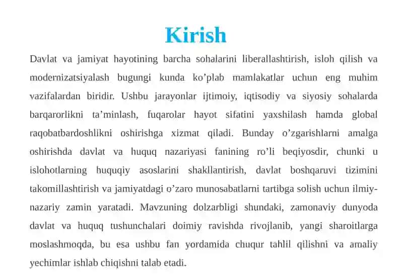 Davlat va jamiyat hayotining barcha sohalarini liberallashtirish, isloh qilish va modernizatsiyalashda davlat va huquq nazariyasi fanining ro’li 4