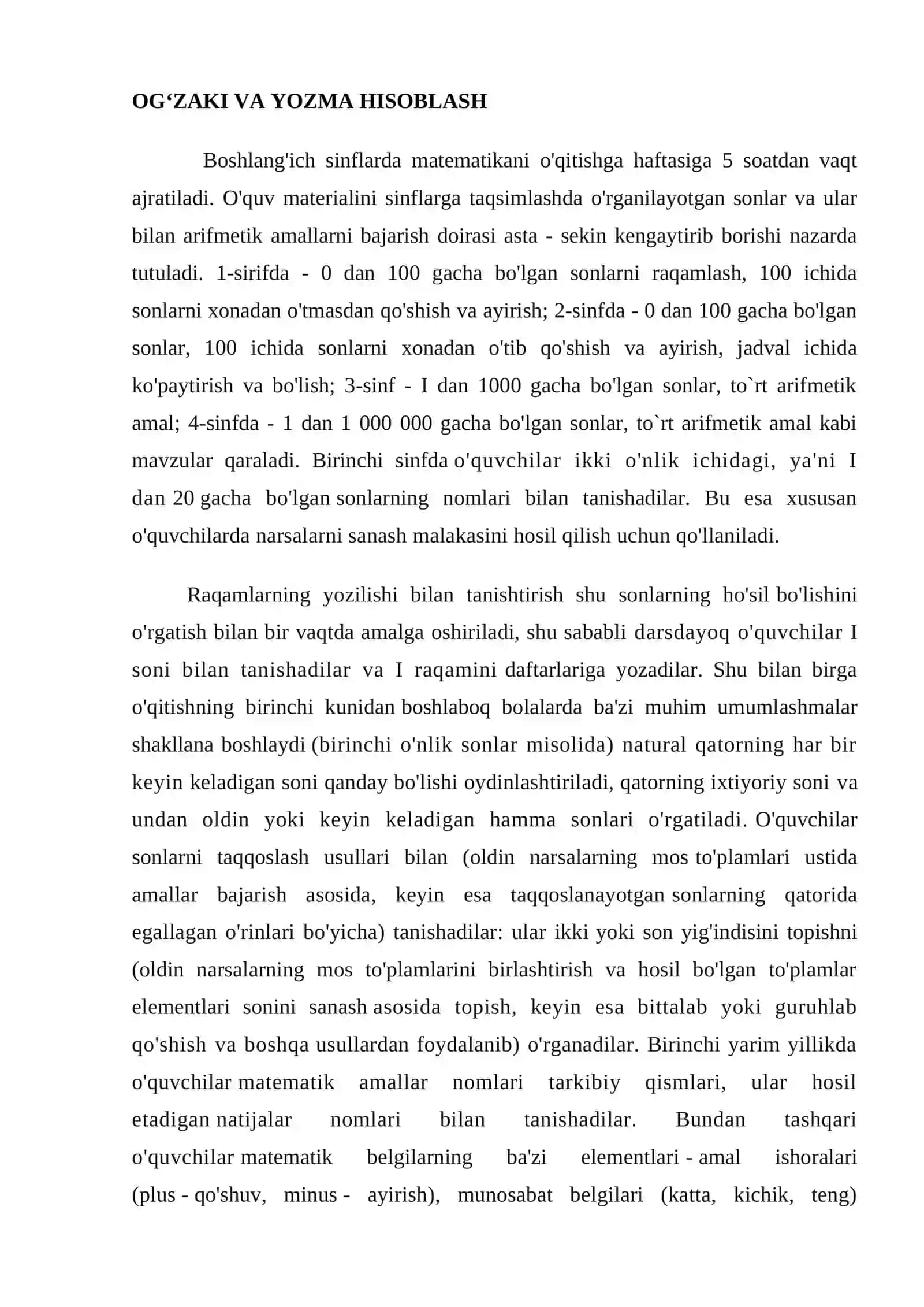 BOSHLANG`ICH SINFLAR MATEMATIKASIDA OG`ZAKI VA YOZMA HISOBLASHLAR ORASIDAGI BOG`LIKLAR 4