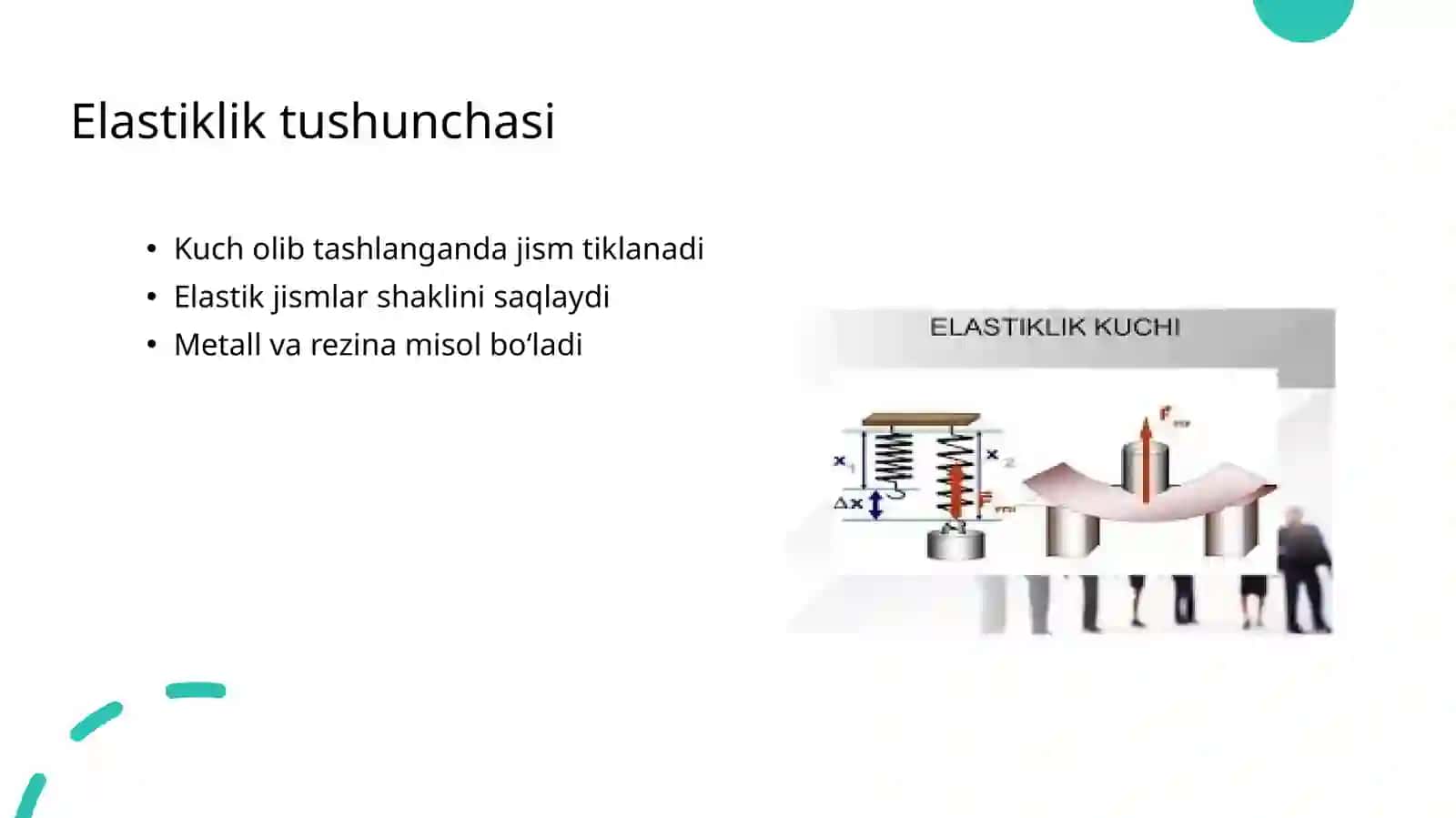 Elastiklik chegarasi va bikrlik. Rezinaning xossalari. Guk qonuni va prujinalar 4