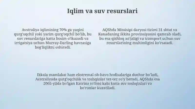 Avstraliya va AQSHning shakllanishi. Tabiiy sharoiti va resurslari haqida maʼlumot berish 4