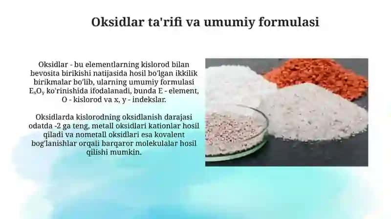 Oksidlar: Asosli oksidlar va kislotali oksidlarni hosil qilish 4