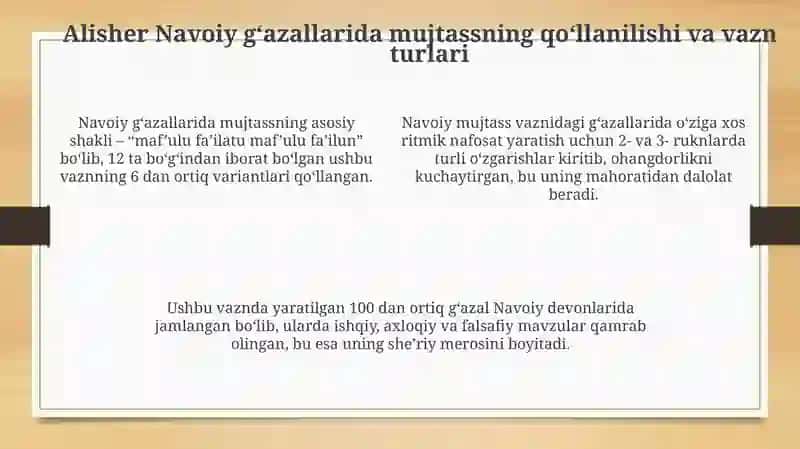 Mujtass bahri vaznlari tahlili (Alisher Navoiy gʻazallari asosida) 4