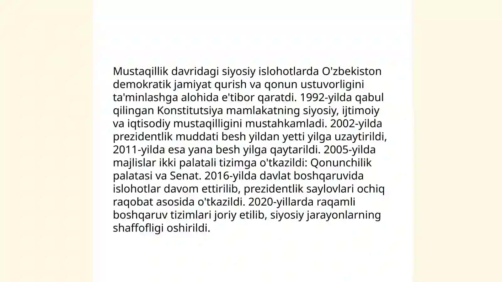 O'zbekistonda demokratik jamiyati asoslarining shakillanishi,amalga oshirilishi,siyosiy islohatlar 4