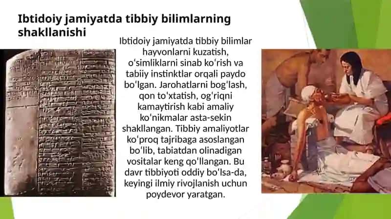 Jahon tibbiyot tarixi davri. Tibbiyot tarixini o’rganishda tarixiy manbalarnign ahamiyati. Ibtidoiy jamiyatda tibbiy bilimlarning paydo bo’lishi, ularda diniy qarashlarning o’rni. Islomda tibbiyot rivoji 4