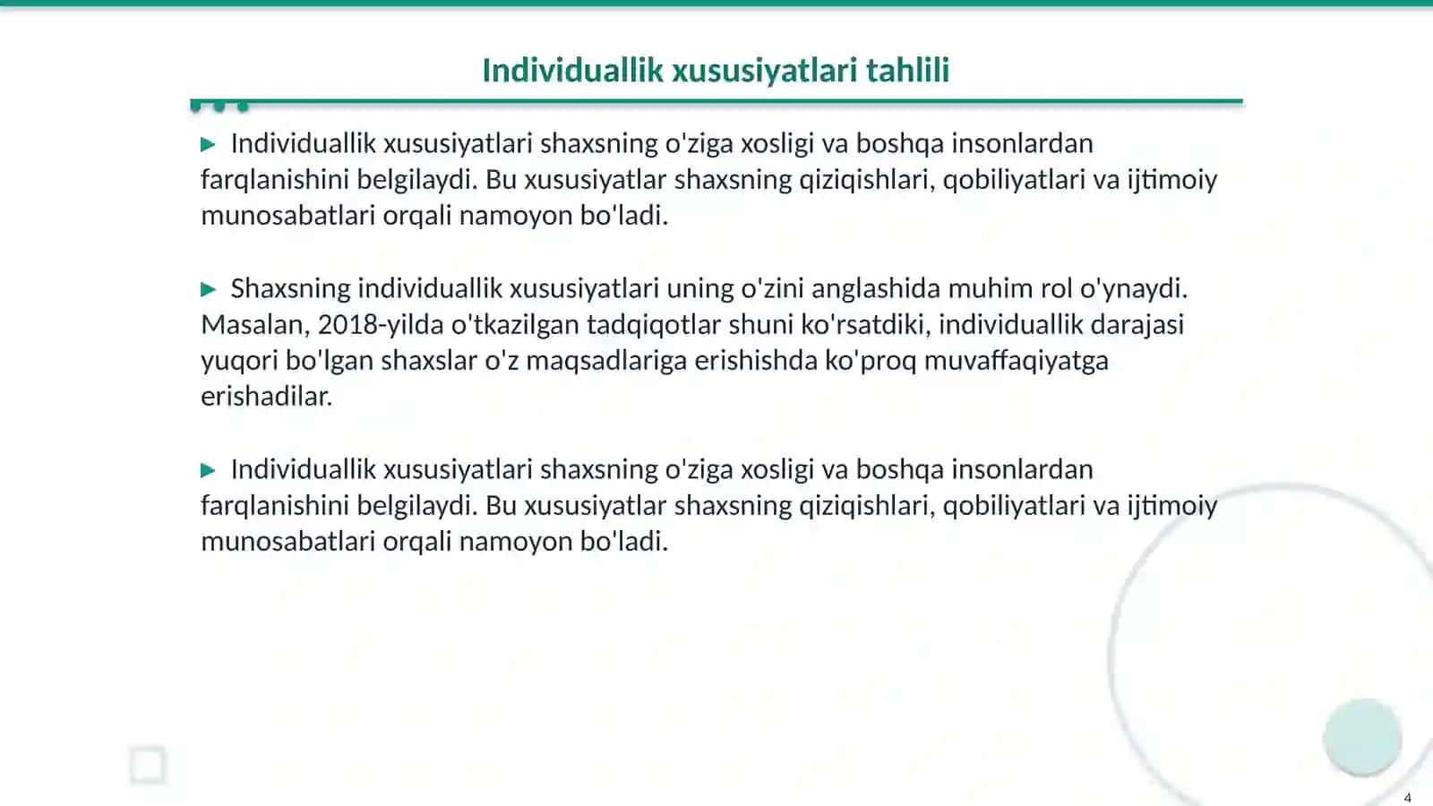 Shaxsning rivojlanishining individuallik xususiyatlari va ularning roli 4