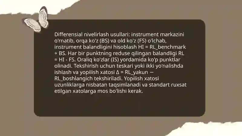 Nivelirlash punktlari balandliklarini hisoblash va tenglashtirish 4
