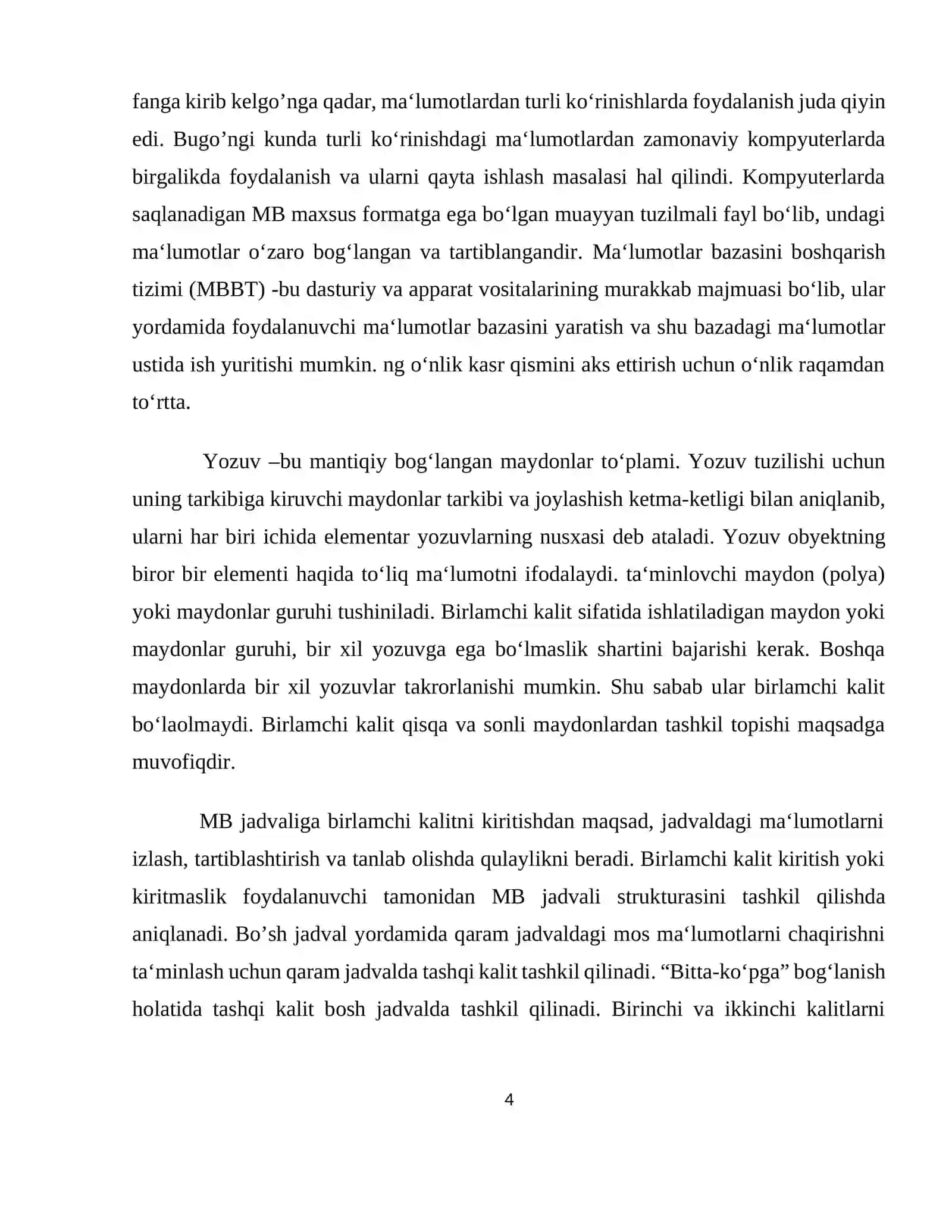 MA’LUMOTLAR BAZASI BOSHQARUV TIZIMLARI VA DASTURIY VOSITALAR 4
