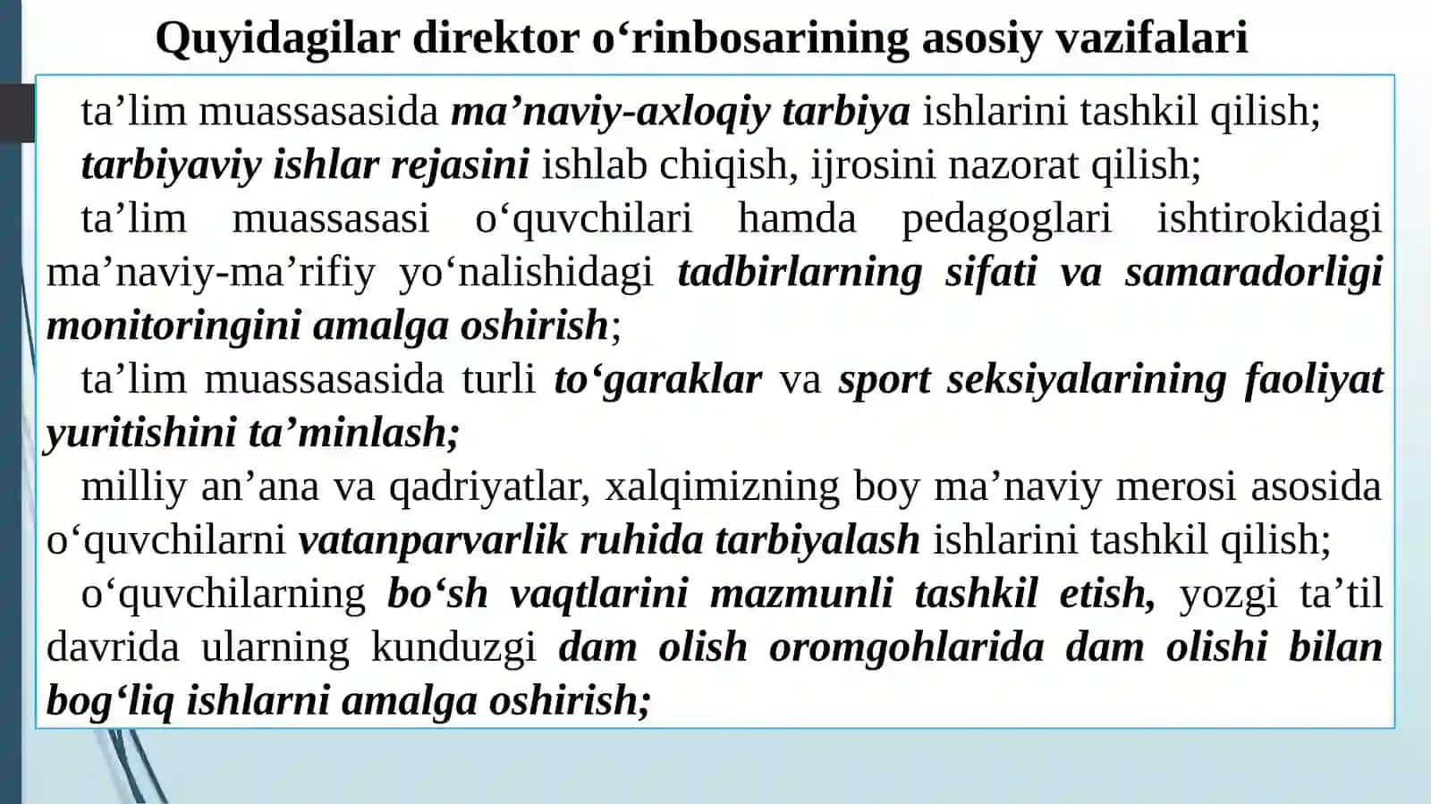 Sinfdan va maktabdan tashqari ishlarni amalga oshirishda direktor o‘rinbosarining ish metodikasi 4