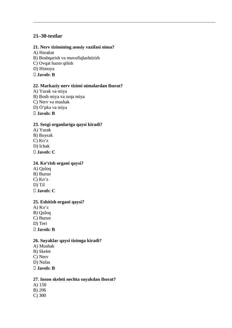 Biologiya fanidan atestatsiya test savollari (100 ta) 4