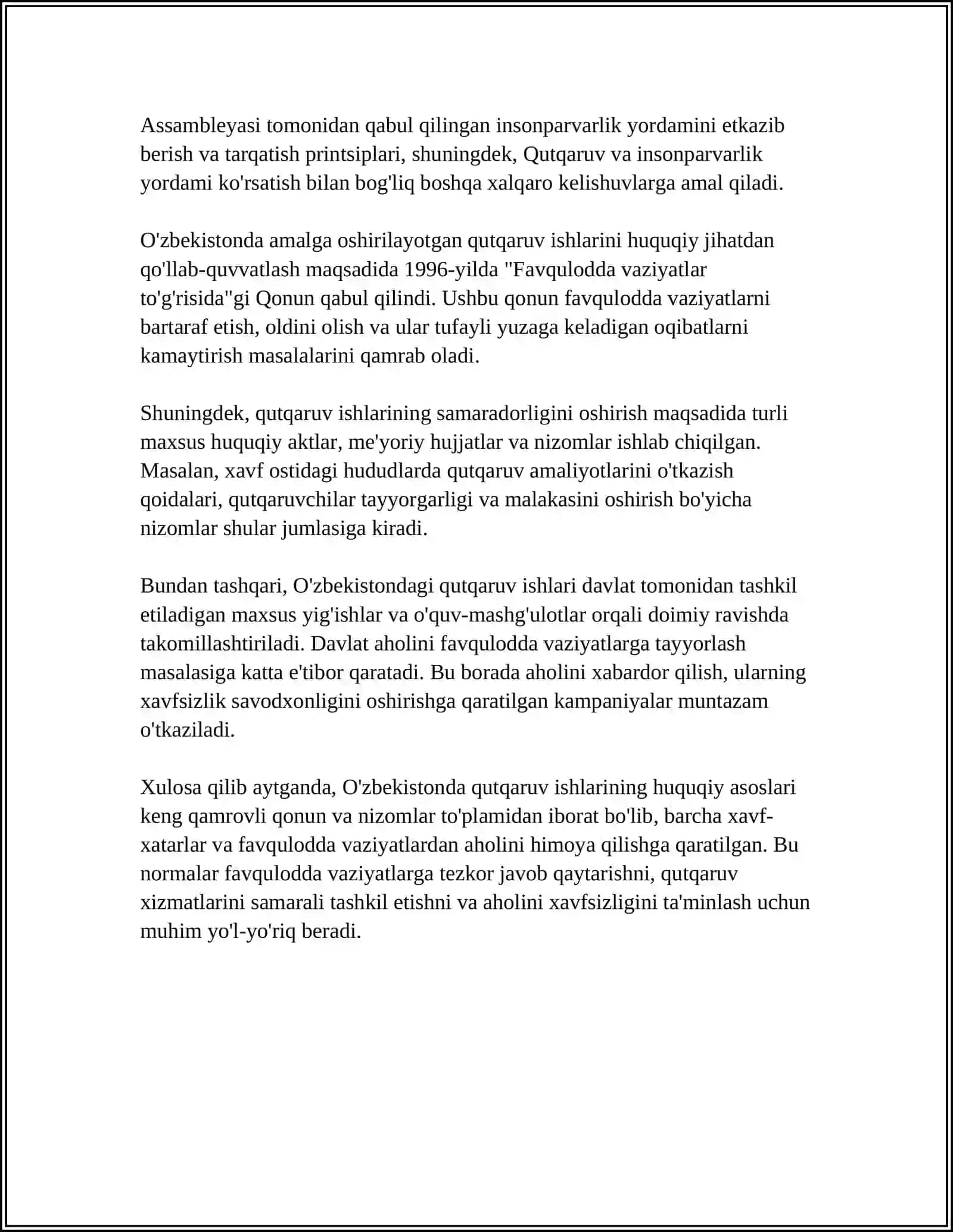 MUSTAQIL ISH Mavzu: AHOLI PUNKTLARIDA QUTQARUV VA BOSHQA KECHIKTIRIB BOʻLMAYDIGAN ISHLARNI BAJARISH 4